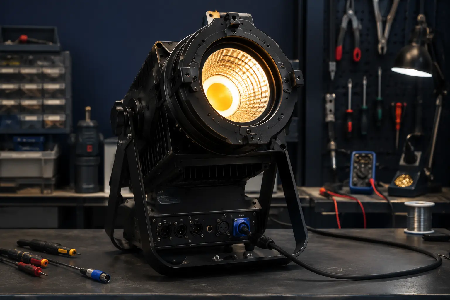 Refletor profissional com LED COB em bancada técnica